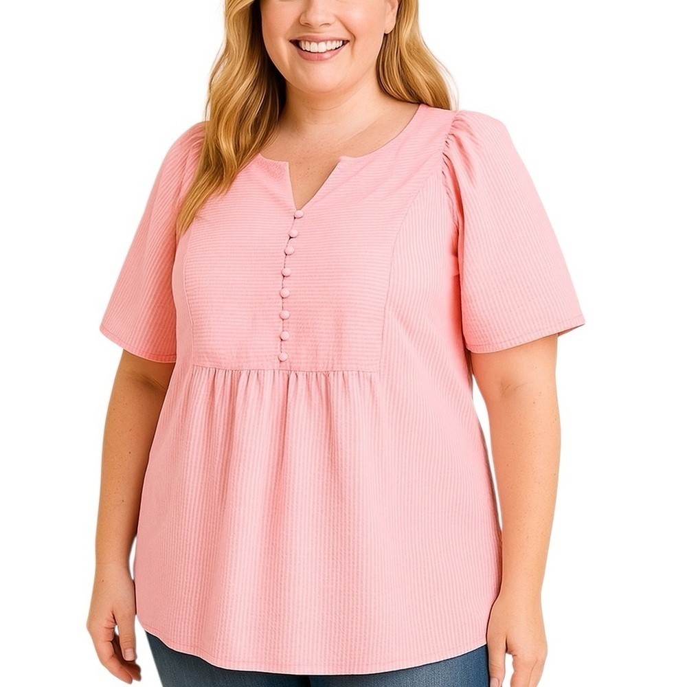 Terra & Sky Pink White Short Sleeve 100% Cotton Casual Blouse Shirt Feminine
